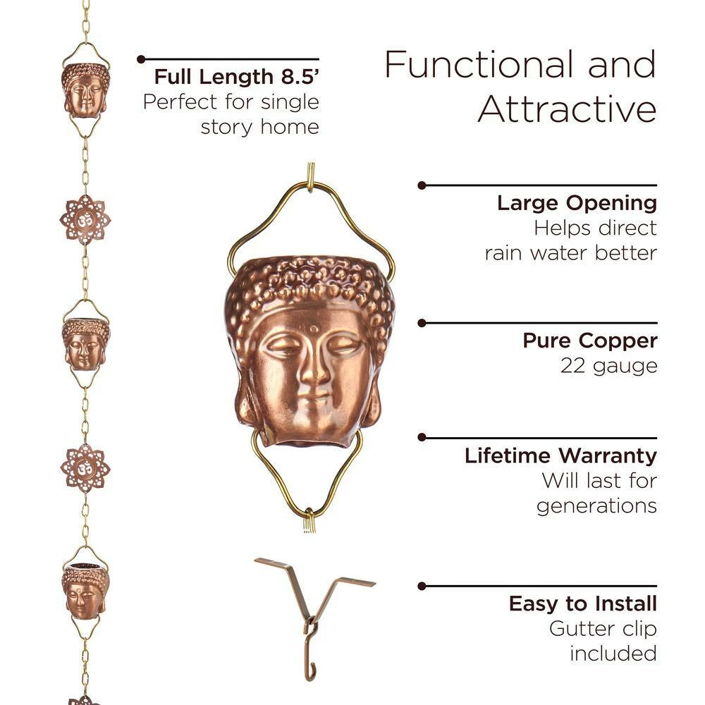 Good Directions 100% Pure Copper Buddha Head Rain Chain, 8-1/2 ft. Long, 12 Large Figures, Replaces Gutter Downspout 7 Good Directions 100% Pure Copper Buddha Head Rain Chain, 8-1/2 ft. Long, 12 Large Figures, Replaces Gutter Downspout - Image 5
