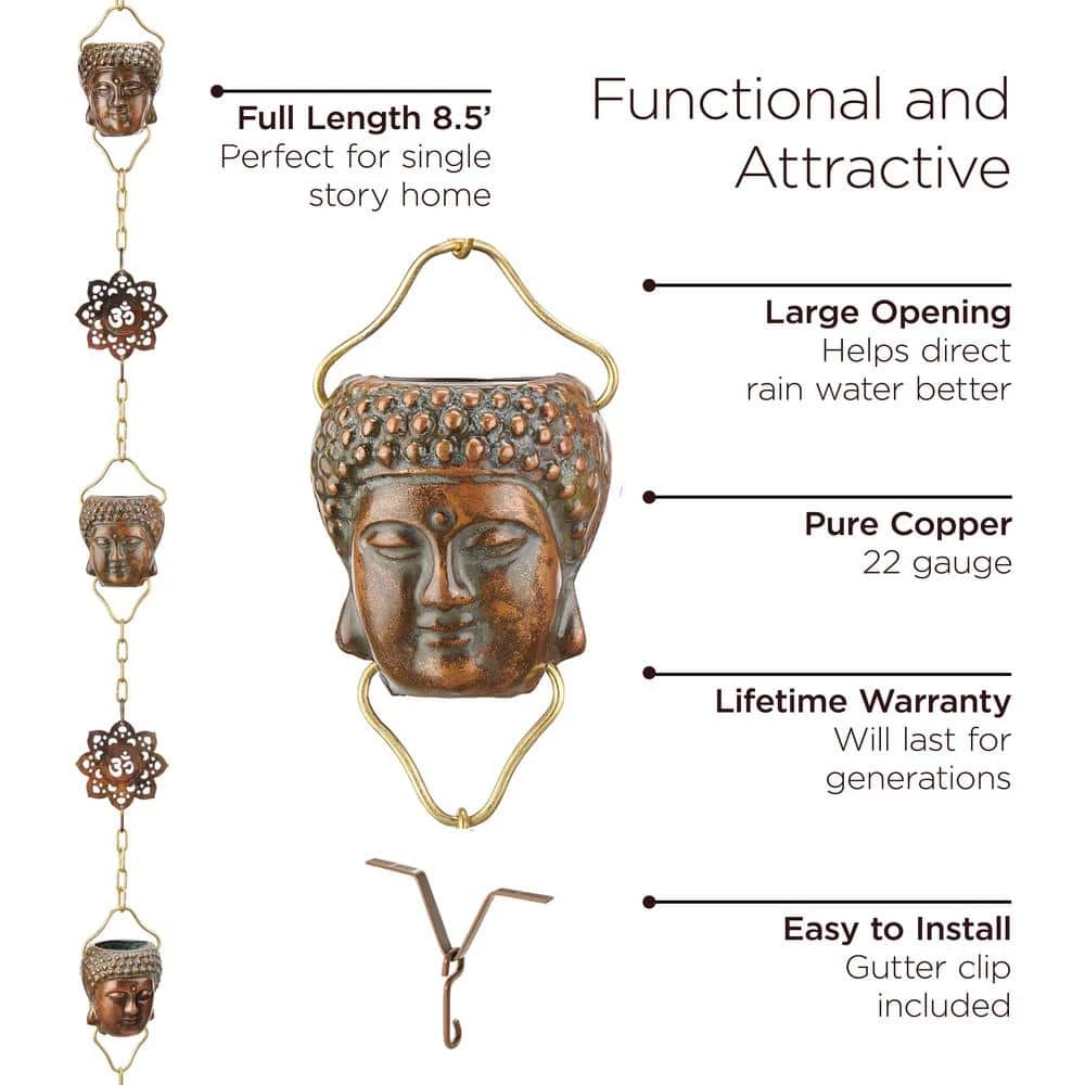 Good Directions 100% Pure Copper Buddha Head Rain Chain, 8-1/2 ft. Long, Antiqued Copper, 12 Figures, Replaces Downspout 5 Good Directions 100% Pure Copper Buddha Head Rain Chain, 8-1/2 ft. Long, Antiqued Copper, 12 Figures, Replaces Downspout - Image 3