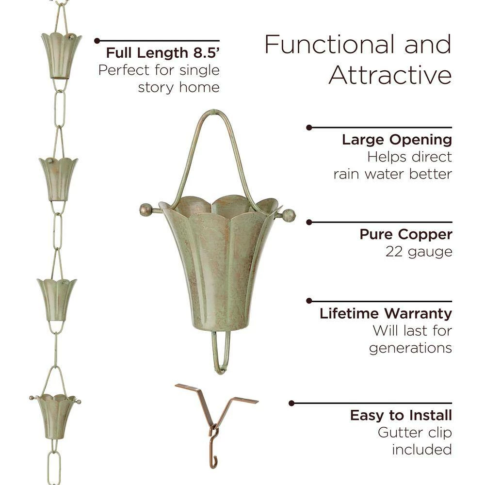 Good Directions 100% Blue Verde Pure Copper Fluted Flower Rain Chain, 8-1/2 ft. Long, Large Cups, Replaces Downspout 7 Good Directions 100% Blue Verde Pure Copper Fluted Flower Rain Chain, 8-1/2 ft. Long, Large Cups, Replaces Downspout - Image 5