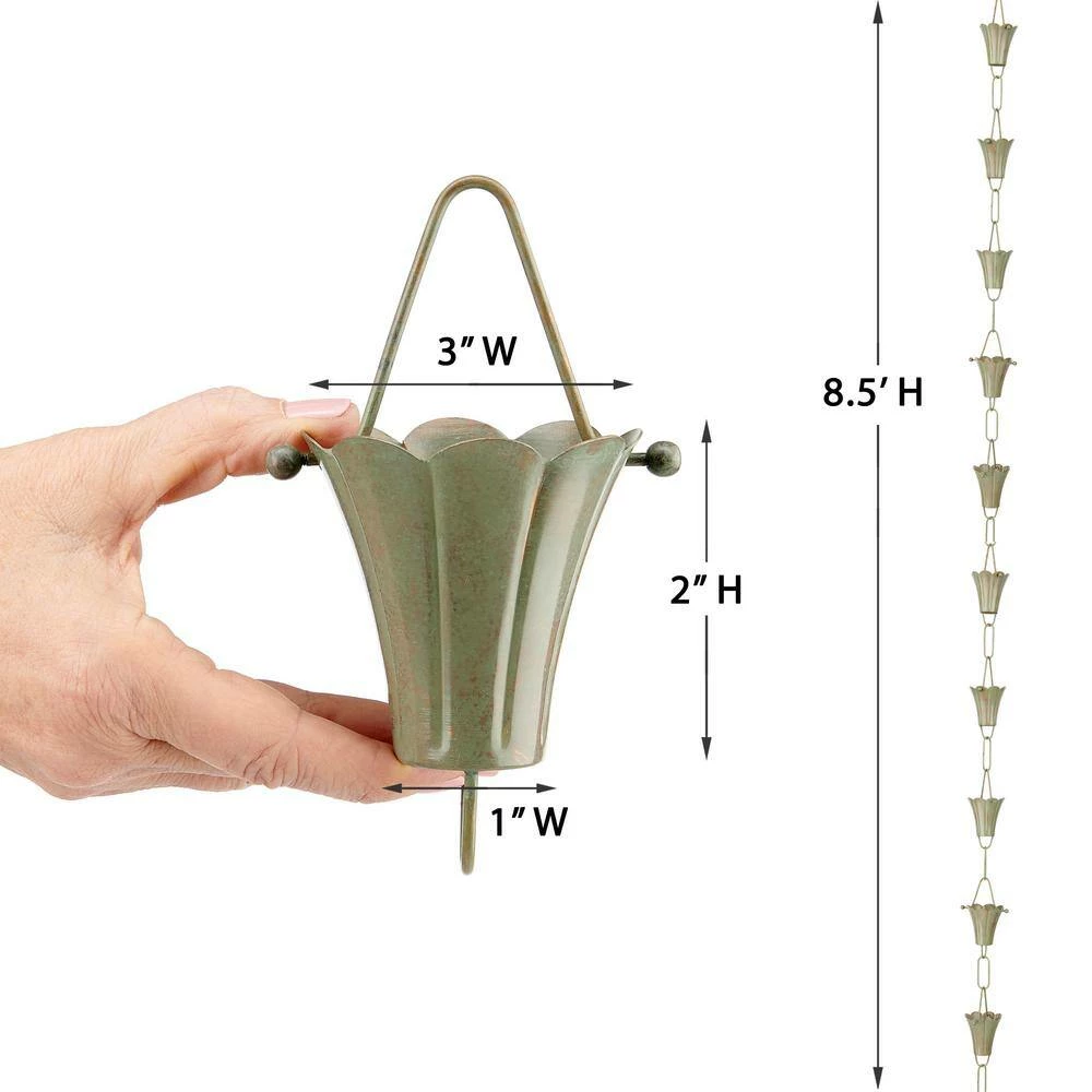 Good Directions 100% Blue Verde Pure Copper Fluted Flower Rain Chain, 8-1/2 ft. Long, Large Cups, Replaces Downspout 6 Good Directions 100% Blue Verde Pure Copper Fluted Flower Rain Chain, 8-1/2 ft. Long, Large Cups, Replaces Downspout - Image 4