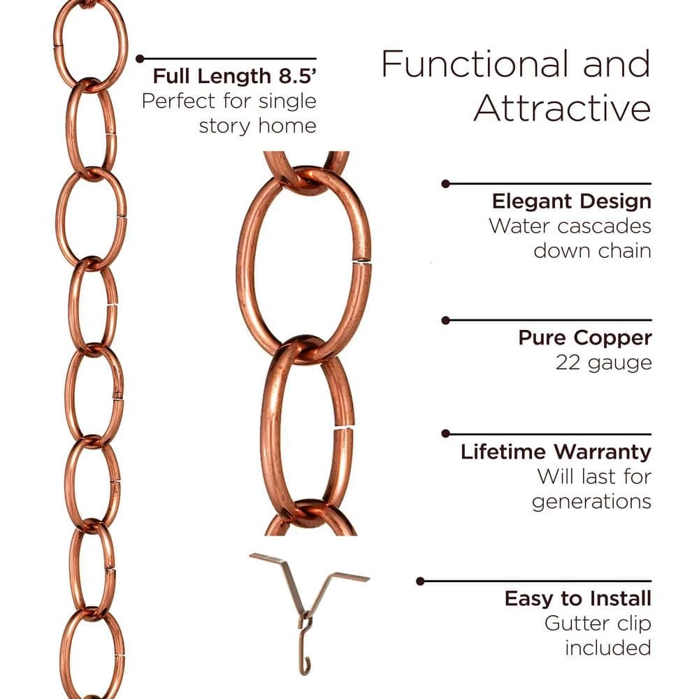 Good Directions 100% Pure Copper Chain Link Rain Chain, 8-1/2 ft. Long, Large Links, Replaces Gutter Downspout 5 Good Directions 100% Pure Copper Chain Link Rain Chain, 8-1/2 ft. Long, Large Links, Replaces Gutter Downspout - Image 3