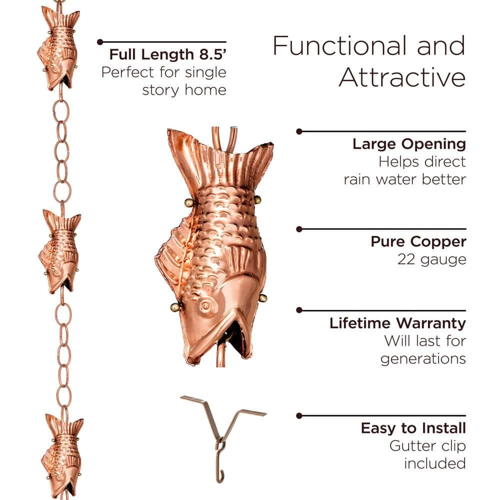 Good Directions 100% Pure Copper Fish Rain Chain, 8-1/2 ft. Long, Large Wide Mouthed Fish, Replaces Gutter Downspout 9 Good Directions 100% Pure Copper Fish Rain Chain, 8-1/2 ft. Long, Large Wide Mouthed Fish, Replaces Gutter Downspout - Image 7