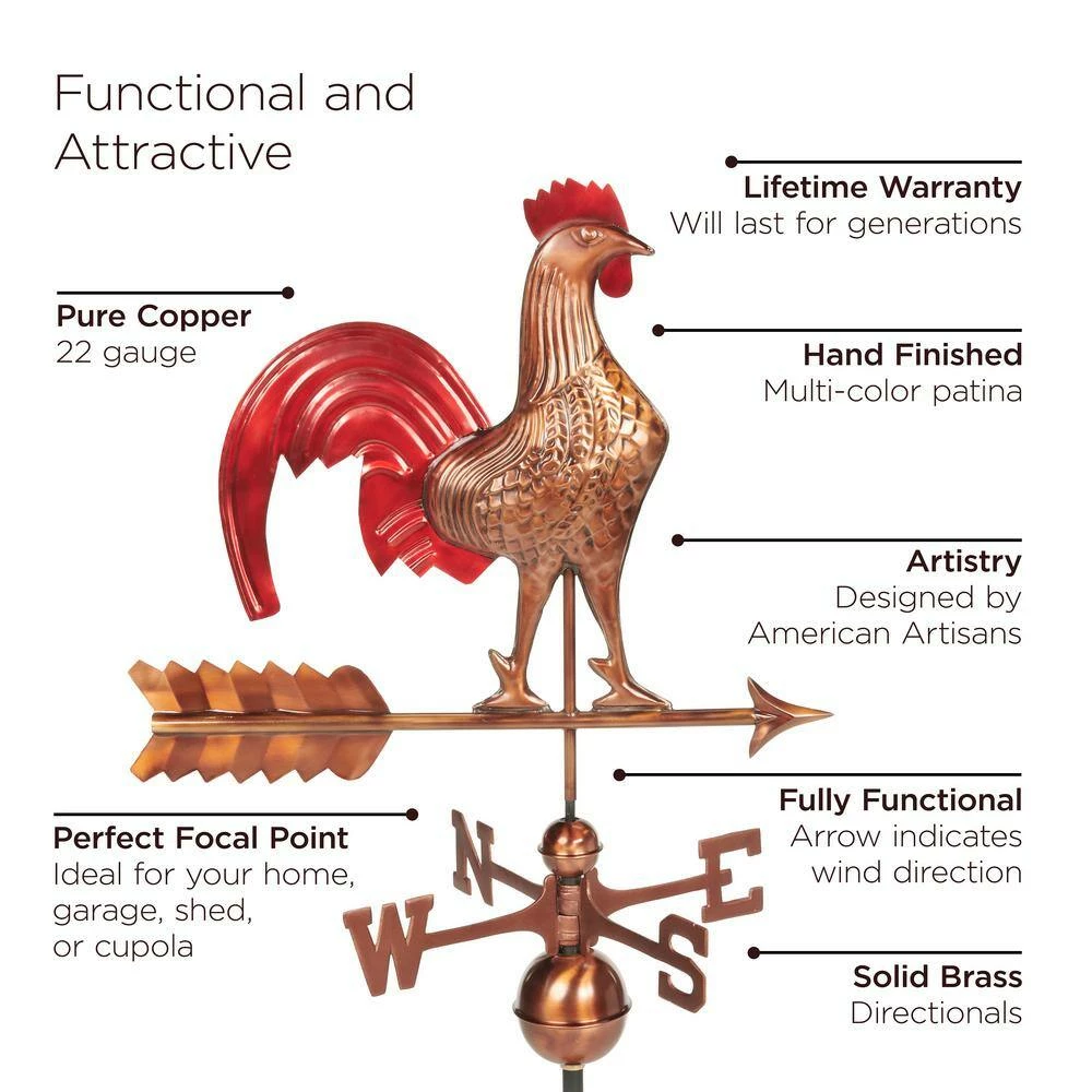 Good Directions Rooster Weathervane - Pure Copper Hand Finished Multi-Color Patina 8 Good Directions Rooster Weathervane - Pure Copper Hand Finished Multi-Color Patina - Image 6