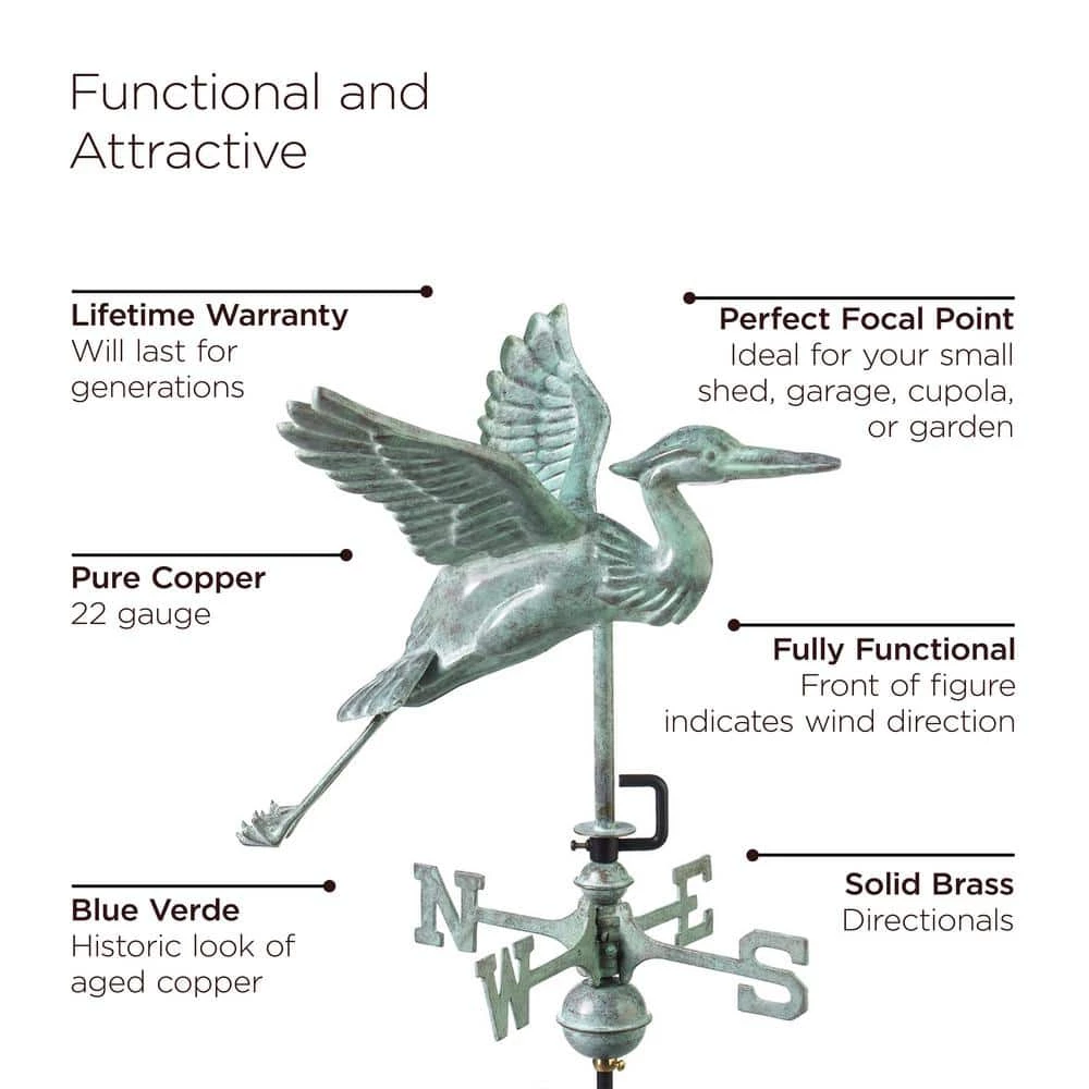 Good Directions Blue Heron Cottage Weathervane - Blue Verde Copper with Roof Mount 5 Good Directions Blue Heron Cottage Weathervane - Blue Verde Copper with Roof Mount - Image 3