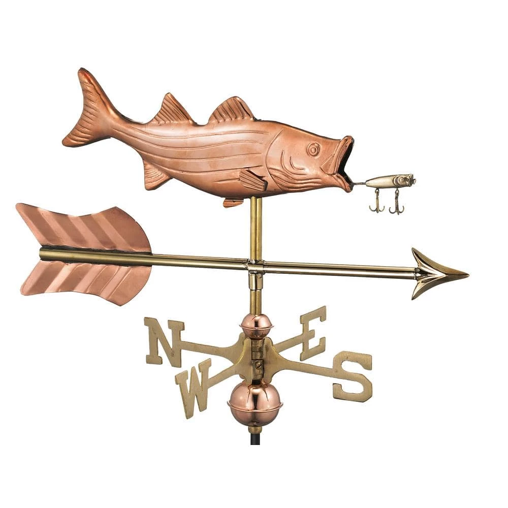 Good Directions Bass with Lure and Arrow Cottage Weathervane-Pure Copper with Roof Mount 3 Good Directions Bass with Lure and Arrow Cottage Weathervane-Pure Copper with Roof Mount