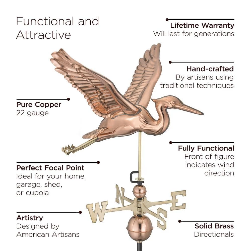 Good Directions Blue Heron Weathervane - Pure Copper 5 Good Directions Blue Heron Weathervane - Pure Copper - Image 3