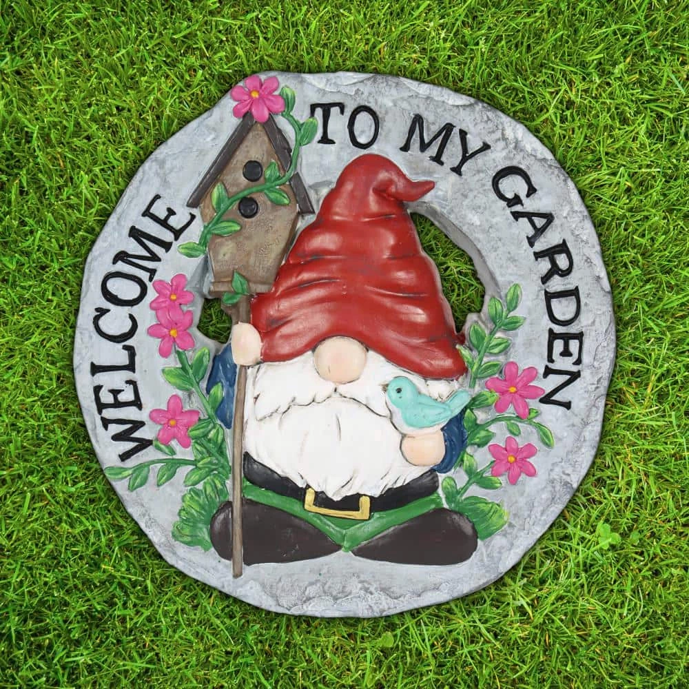 Exhart Welcome to my Garden Gnome Hand Painted 9.88 in. x 9.72 in. x 1.18 in. Welcome Garden Birdhouse Resin Step Stone 9 Exhart Welcome to my Garden Gnome Hand Painted 9.88 in. x 9.72 in. x 1.18 in. Welcome Garden Birdhouse Resin Step Stone - Image 7