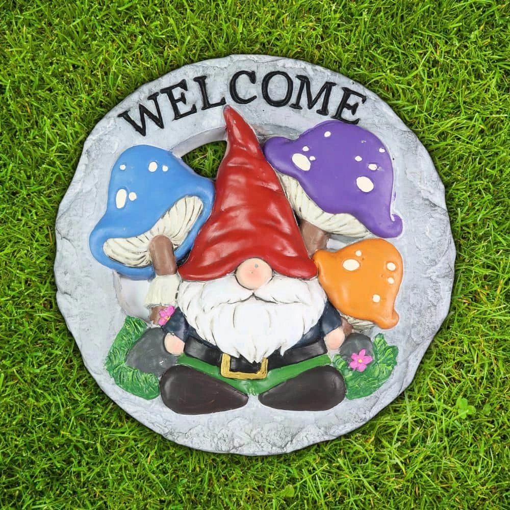 Exhart Welcome Gnome with Mushrooms Hand Painted 9.88 in. x 9.8 in. x 1.22 in. Mushrooms Resin Step Stone 5 Exhart Welcome Gnome with Mushrooms Hand Painted 9.88 in. x 9.8 in. x 1.22 in. Mushrooms Resin Step Stone - Image 3